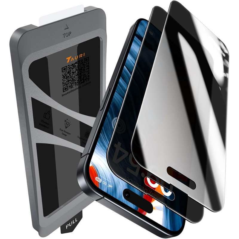 TAURI Lot de 2 Verre Trempé Anti-Espion Pour iPhone 15 Pro Max | Privacy Film en Protection D'écran avec Outil d'Installation Fa