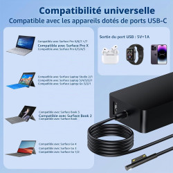 Chargeur 65W Compatible avec Microsoft Surface Pro 11 10 9 8 7+ 7 5 4 3, Surface Laptop 7 6 5 4 3 2 1, Surface Book 3 2 1, Surfa