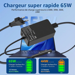 Chargeur 65W Compatible avec Microsoft Surface Pro 11 10 9 8 7+ 7 5 4 3, Surface Laptop 7 6 5 4 3 2 1, Surface Book 3 2 1, Surfa