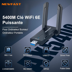 NEWFAST Tri-Bande Clé WiFi Puissante NF-U353, AXE5400 Cle USB WiFi 6E | 6GHz Adaptateur USB WiFi Support pour WPA3, USB 3.0 Port