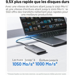 Lexar ES3 SSD Externe 512Go, SSD Portable USB 3.2 Gen2, PSSD, Vitesses de Lecture jusqu'à 1050 Mo/s et d'écriture jusqu'à 1000 M