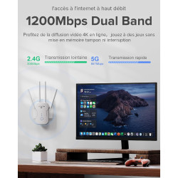 2026 Nouveau Répéteur WiFi Puissant 1200Mbps, WiFi Booster Double Bande 5GHz & 2.4GHz Amplificateur WiFi Puissant avec WPS, WiFi