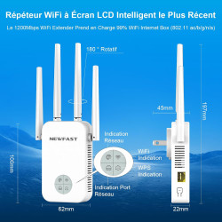 NEWFAST Répéteur WiFi Puissant RE523, AC1200 Amplificateur WiFi Puissant | 1 Port Ethernet, Couvre jusqu'à 100 m², Repetiteur Wi