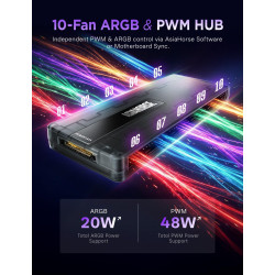 AsiaHorse UMBRA ARGB PWM Hub de ventilateur pour boîtier PC, contrôleur ARGB PC ARGB 10 ports 5 V 3 broches avec logiciel exclus