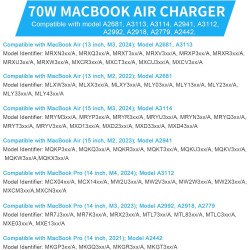 Chargeur Mac Book Air Pro, 70W USB-C vers Magnétique 3 Chargeur M5/M4/M3/M2 | Compatible avec MacBook Air 13/15 pouces (2022–202