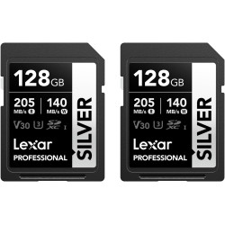 Lexar argent lot de 2 cartes sd 128go, uhs-i carte sdxc jusqu'à 205 mo/s en lecture, 140 mo/s en écriture, v30, 4k uhd video, u3
