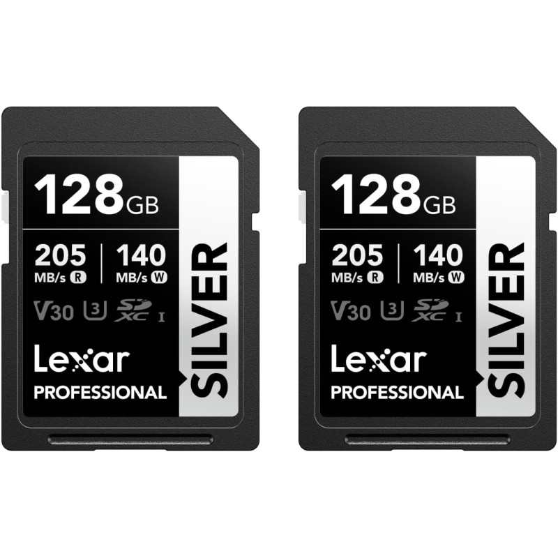 Lexar argent lot de 2 cartes sd 128go, uhs-i carte sdxc jusqu'à 205 mo/s en lecture, 140 mo/s en écriture, v30, 4k uhd video, u3