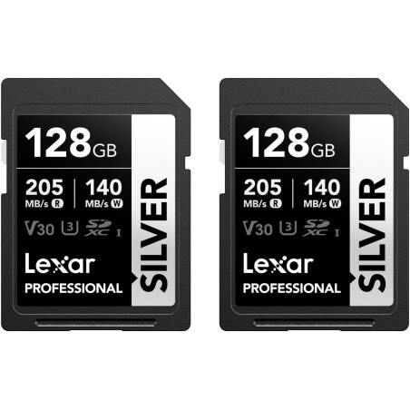 Lexar argent lot de 2 cartes sd 128go, uhs-i carte sdxc jusqu'à 205 mo/s en lecture, 140 mo/s en écriture, v30, 4k uhd video, u3