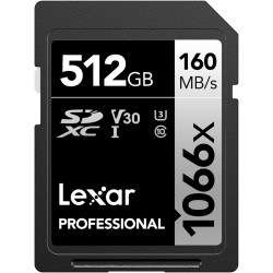 Lexar Carte mémoire SD SDXC UHS-I Professionnelle 1066x 512 Go, avec Une Vitesse de Lecture allant jusqu'à 160 Mo/s, V30/U3/C10 