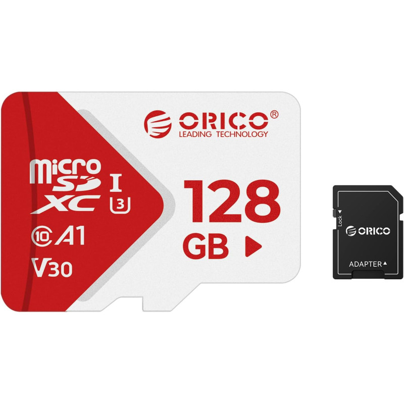 ORICO TF30 Carte Micro SD 128 Go + Adaptateur, 100 Mo/s, 4K, Full HD | A1, C10, V30, U3,UHS-I, Carte Mémoire microSDXC, Carte TF