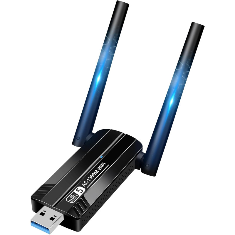 Clé WiFi 1300 Mbps, Clé USB WiFi Dual Band pour PC/Desktop, Adaptateur WiFi USB 3.0 avec Antenne WiFi High Gain, Dongle WiFi Com