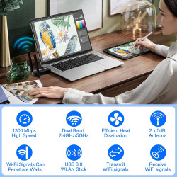 Clé WiFi 1300 Mbps, Clé USB WiFi Dual Band pour PC/Desktop, Adaptateur WiFi USB 3.0 avec Antenne WiFi High Gain, Dongle WiFi Com