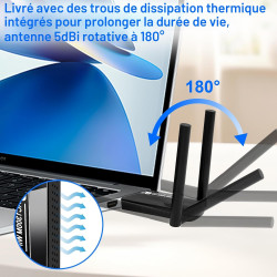 Clé WiFi 1300 Mbps, Clé USB WiFi Dual Band pour PC/Desktop, Adaptateur WiFi USB 3.0 avec Antenne WiFi High Gain, Dongle WiFi Com