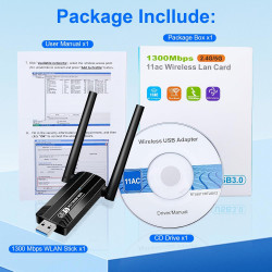 Clé WiFi 1300 Mbps, Clé USB WiFi Dual Band pour PC/Desktop, Adaptateur WiFi USB 3.0 avec Antenne WiFi High Gain, Dongle WiFi Com