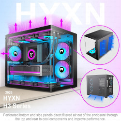 H3(2026) Boitier PC ATX– 3 Ventilateurs ARGB préinstallés, Supporter radiateur 360 mm,Boîtier PC ATX à Double Chambre Mid Tower,