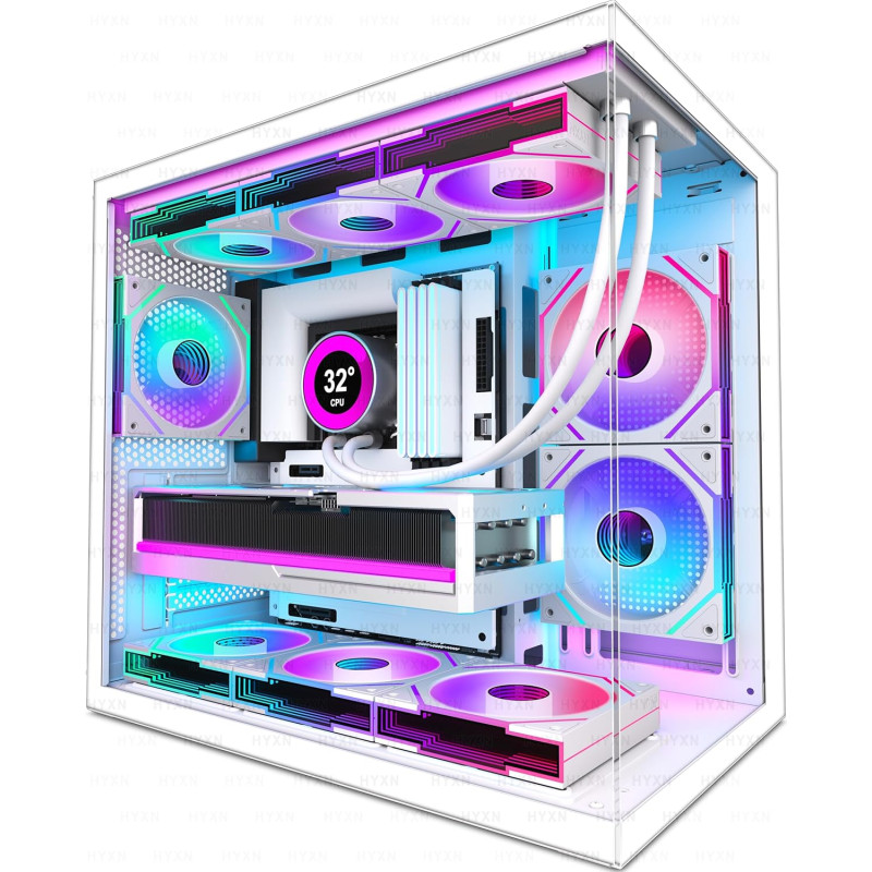 H3(2026) Boitier PC ATX– Préinstallé 6 Ventilateurs PWM ARGB Miroir Infini, Supporter radiateur 360 mm,Boîtier PC ATX à Double C
