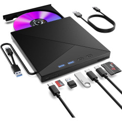 Lecteur CD DVD Externe pour PC USB 3.0 Mince Portable | Graveur Enregistreur et Type-C CD DVD +/-RW, avec Lecteur de Cartes SD T