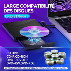 Lecteur CD DVD Externe pour PC USB 3.0 Mince Portable | Graveur Enregistreur et Type-C CD DVD +/-RW, avec Lecteur de Cartes SD T