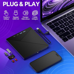 Lecteur CD DVD Externe pour PC USB 3.0 Mince Portable | Graveur Enregistreur et Type-C CD DVD +/-RW, avec Lecteur de Cartes SD T