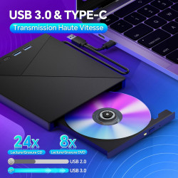 Lecteur CD DVD Externe pour PC USB 3.0 Mince Portable | Graveur Enregistreur et Type-C CD DVD +/-RW, avec Lecteur de Cartes SD T