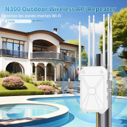 Répéteur Wi-FI extérieur N300 avec 6 antennes, amplificateur WiFi extérieur Longue Distance, IP67 résistant aux intempéries, PoE