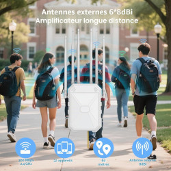 Répéteur Wi-FI extérieur N300 avec 6 antennes, amplificateur WiFi extérieur Longue Distance, IP67 résistant aux intempéries, PoE