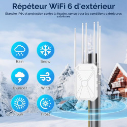 AX3000 Repeteur WiFi Exterieur Puissant avec 6 Antennes, 5GHz & 2.4GHz Amplificateur WiFi 6 Exterieur, Port Ethernet Gigabit, IP