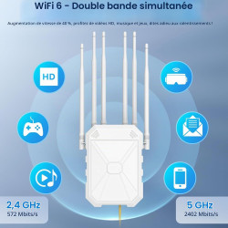 AX3000 Repeteur WiFi Exterieur Puissant avec 6 Antennes, 5GHz & 2.4GHz Amplificateur WiFi 6 Exterieur, Port Ethernet Gigabit, IP