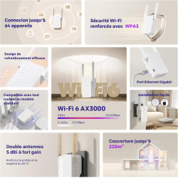 STRONG Répéteur WiFi 6 AX3000, Amplificateur WiFi Double Bande | 3000 Mbps, WiFi 6, Double Bande, Répéteur WiFi, Port Ethernet G