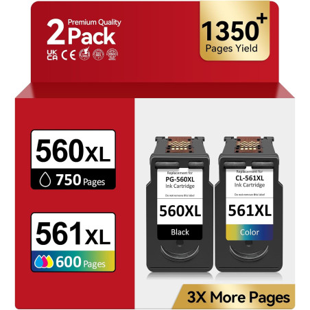 Encre PG-560/CL-561XL – 750/600+ Pages, Remplacement pour Cartouche Canon 560 561 Originale Noire & Couleur, pour Pixma TS5350i 