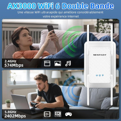 NEWFAST Répéteur WiFi 6 Puissant NF-RE556, Amplificateur WiFi AX3000 Mbps, Port Ethernet Gigabit, Double Bande WiFi Extender Cou