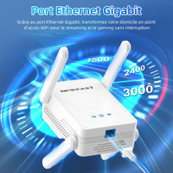 NEWFAST Répéteur WiFi 6 Puissant NF-RE556, Amplificateur WiFi AX3000 Mbps, Port Ethernet Gigabit, Double Bande WiFi Extender Cou