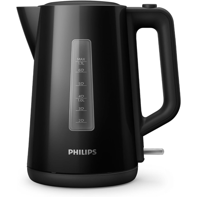 Philips Bouilloire Électrique 3000, 1,7L, Ébullition rapide, Noir | Chauffe efficace & nettoyage simplifié, Couvercle à ressort,