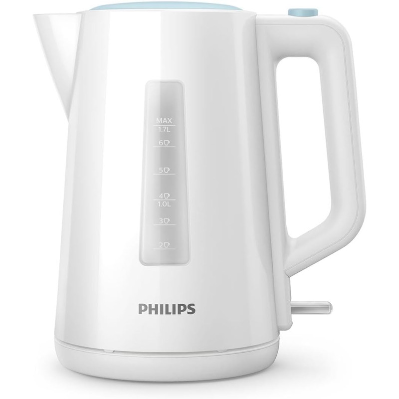 Philips Bouilloire Électrique 3000, 1,7L, Ébullition rapide, Blanc | Chauffe efficace & nettoyage simplifié, Couvercle à ressort