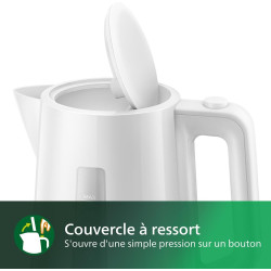 Philips Bouilloire Électrique 3000, 1,7L, Ébullition rapide, Blanc | Chauffe efficace & nettoyage simplifié, Couvercle à ressort