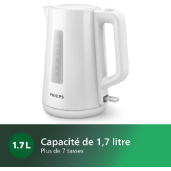 Philips Bouilloire Électrique 3000, 1,7L, Ébullition rapide, Blanc | Chauffe efficace & nettoyage simplifié, Couvercle à ressort