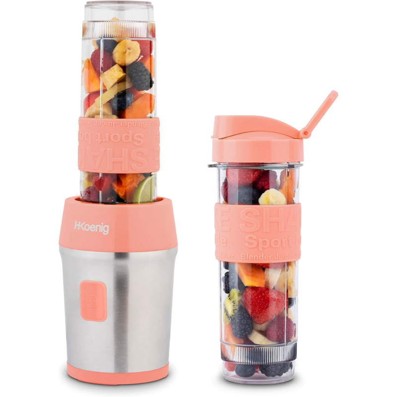 H.Koenig Mini Blender/Smoothie/Mixeur SMOO10 – 570mL, 300W, 4 Lames Inox, Sans BPA, 2 Bouteilles portables avec couvercles de vo