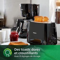 Philips Grille-pain Daily, 2 fentes larges, 8 réglages, 830W, Noir | Toaster avec réchauffe-viennoiseries, Décongélation & arrêt