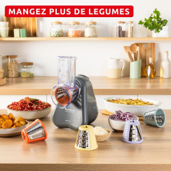 Moulinex - Fresh Express Découpe-légumes électrique 5 fonctions - Gris | Râpe à légumes avec système Twist breveté, service dire