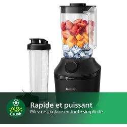 Philips Blender mixeur 3000 ProBlend, 450W, 1,9L + gourde nomade, Noir | 1 vitesse + Pulse, De la glace pilée simplement, Blende
