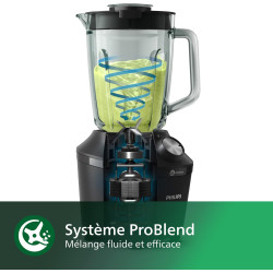 Philips Blender mixeur 3000 ProBlend, 600W, 2L + gourde nomade, Noir | 2 vitesses + Pulse, Glace pilée simplement, Blender smoot