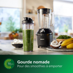 Philips Blender mixeur 3000 ProBlend, 600W, 2L + gourde nomade, Noir | 2 vitesses + Pulse, Glace pilée simplement, Blender smoot