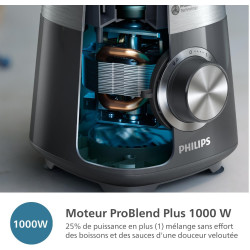 Philips Blender mixeur 5000 ProBlend Plus, 1000W, Bol verre 2L, Noir | 3 vitesses + Pulse, lames ProBlend, Bocal nervuré, Blende