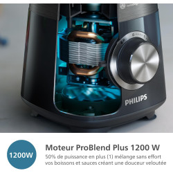 Philips Blender mixeur 5000 ProBlend Plus, 1200W, Bol verre 2L + acc., Noir | 3 vitesses + Pulse, Gourde incl, lames ProBlend, B