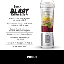 Ninja Blast Blender portable, 530 ml, couvercle résistant aux fuites et bec verseur, mini blender sans fil puissant, rechargeabl