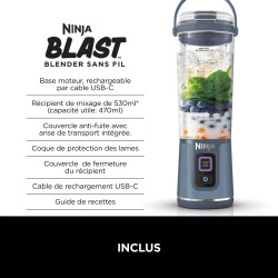 Ninja Blast Blender portable, 530 ml, couvercle résistant aux fuites et bec verseur, mini blender sans fil puissant, rechargeabl