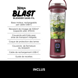 Ninja Blast Blender portable, 530 ml, couvercle résistant aux fuites et bec verseur, mini blender sans fil puissant, rechargeabl