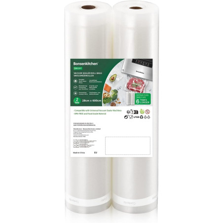Bonsenkitchen Sacs sous Vide Alimentaire 2 Rouleaux 28 x 600 cm | Sac Sous Vide pour la Conservation des Aliments et la Cuisson,