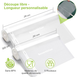Bonsenkitchen Sacs Sous Vide Alimentaire 2×28cm×300cm & 3×20cm×300cm | Film Résistant à la Déchirure, Compatible Toutes Machines