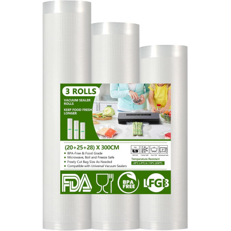 Diboniur Sac Sous Vide Alimentaire, 3 Rouleaux 28/25/20 × 300 cm | Sachet sous vide pour conservation longue durée, scellage éta